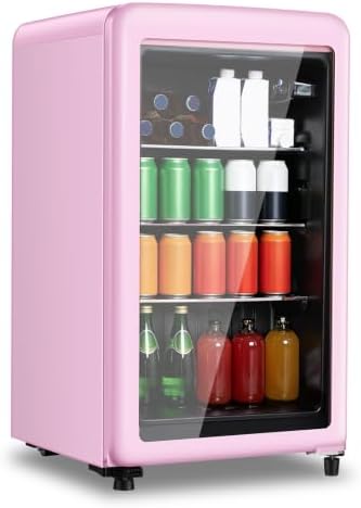 Retro Beverage Refrigerator, 3.2 Cu.Ft Mini Fridge with Glass Door, Vintage Freestanding Drink Cooler for Office, Bar, Home, Adjustable Shelving, Adjustable Thermostat (Pink) by Unknown