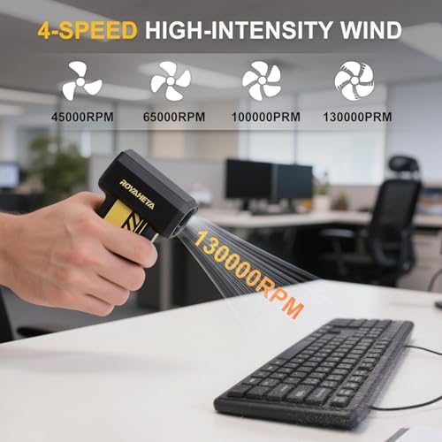 Electric Compressed Air Duster Cordless: 130000RPM Air Blower with LED, 4-Gear Adjustable Mini Blower, Aluminum Alloy Body with 1/4 Nut, Electric Duster for Keyboard Car, Ideal for Home Office Gamers - Image 2