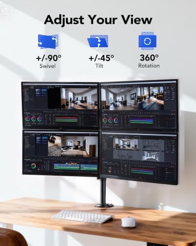 HUANUO Quad Monitor Mount for 13-32 Inch Screens, 4 Monitor Stand with Larger Base, Holds 22 lbs per Arm, Fully Adjustable Stacked Mount, Tilt Swivel Rotation, VESA 75x75/100x100mm, Cable Management - Image 3