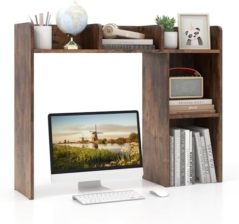 MAT EXPERT Desk Organizer, Wooden Desktop Shelf for 27 Inch Monitor with 5 Shelves & Non-Slip Foot Pads, Anti-Tipping Device, Multipurpose Desk Hutch for Study, Office, Dorm (Coffee) by MATEXPERT