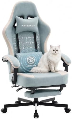 Desk Computer Gaming Chair - Ergonomic Game Office Chair with Extended Footrest and Massage Lumbar Support, Home Gamer Video Game Chairs with Spring Cushion for Adults (Pro Blue Fabric) by KslysutyFurniture