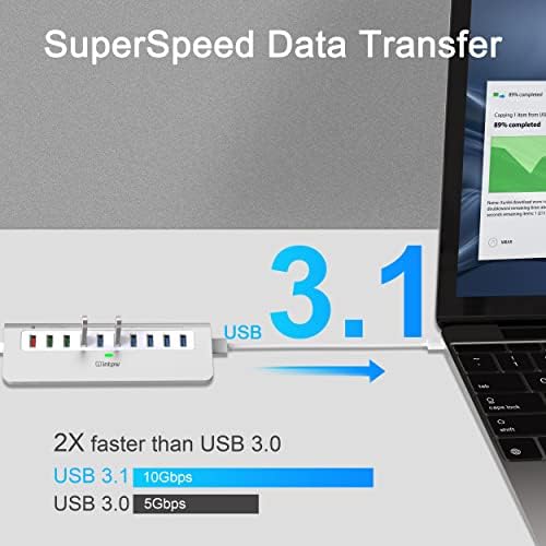 Powered USB Hub 10Gbps, 10 Port USB 3.2 Gen 2 Hub with 7 USB 3.2 Data Ports, 3 Fast Charging Ports, 36W Power Adapter, Type A and Type C Cable, Aluminum USB Hub for Laptop, Mac, PC - Image 2