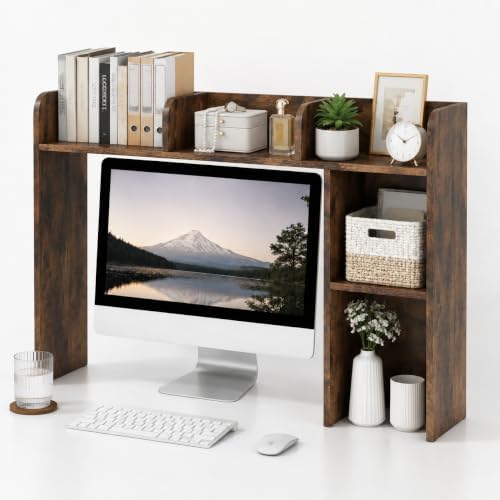 POWERSTONE 37" Desk Hutch with 5 Shelves, Desktop Bookshelf Rustic Brown by POWERSTONE%C2%AE