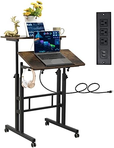 Hadulcet Mobile Standing Desk with Wheels, Rolling Desk Adjustable Height, Portable Laptop Table with Charging Station, Sit Stand up for Home Office, Study, Classroom, Rustic Brown by Hadulcet