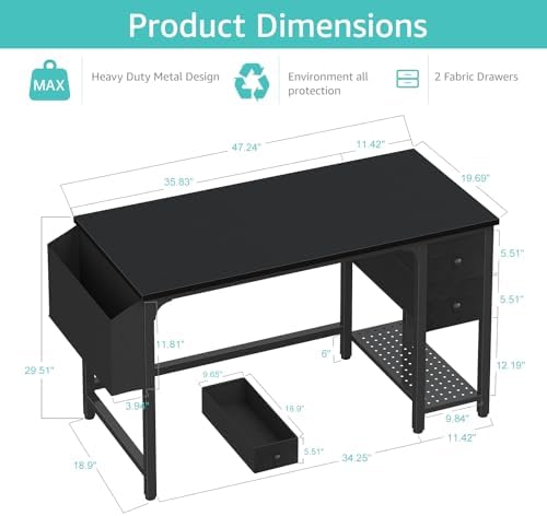 Lufeiya Gaming Desk with Fabric Drawers, 47 Inch Computer Desk for Home Office, Modern Simple Study Writing Table PC Desks for Bedroom, Black - Image 3