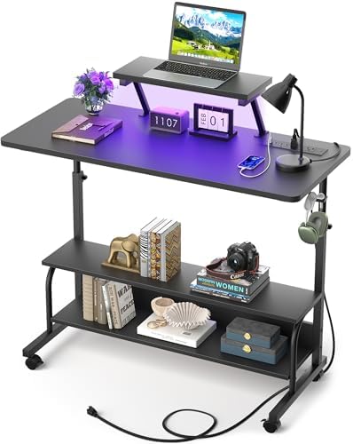 Height Adjustable Standing Desk with Power Outlets and LED Lights - 39" Manual Stand Up Desk with Monitor Stand and Storage Shelves Small Mobile Rolling Computer Desk Portable Laptop Table, Black by Besiost