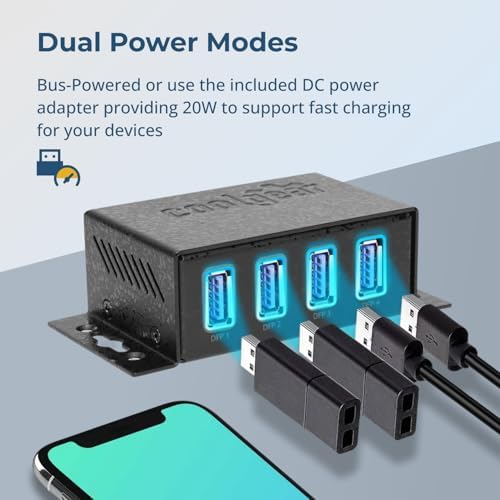 Coolgear 3.2 Gen 1 USB Hub - 4 Port USB Hub with 5Gbps Data Transfers, Mountable Metal Housing, 5V Power Adapter, ESD Surge Protection, Bus or Self Powered - Image 7