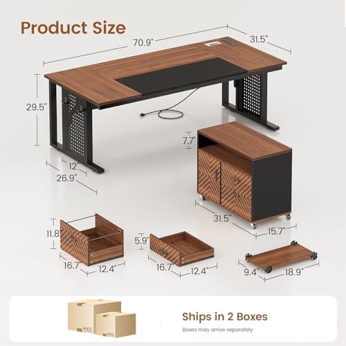 SEDETA 71" Executive Desk with Rolling File Cabinet, Large Office Desk with Drawers, L Shaped Computer Desk with Power Outlets, CPU Stand, Pegboard and Storage Shelves, Brown - Image 2