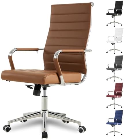 Okeysen Office Desk Chair, Ergonomic Leather Modern Conference Room Chairs, Executive Ribbed Height Adjustable Swivel Rolling Chair for Home Office. (Brown) by Okeysen