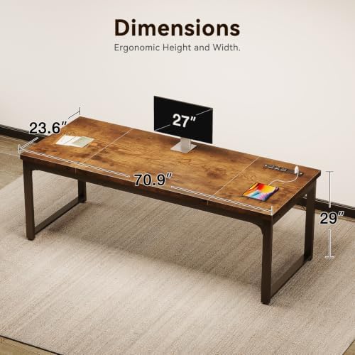 Coleshome 71 Inch Long Computer Desk with Power Outlet, Thicker Desktop & Legs, Large Heavy Duty Office Desk for Home Office & Gaming, Rustic Brown - Image 3