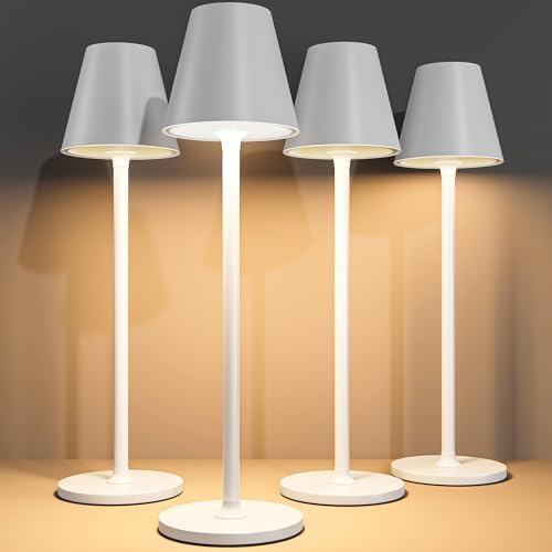 Timjorman 4-Pack Cordless Table Lamps - 5000mAh Rechargeable Battery Operated Desk Lamp, 3-Level Dimmable LED Night Light for Bedroom, Dining, Restaurant - Metal Design(White 4PACK) by Timjorman