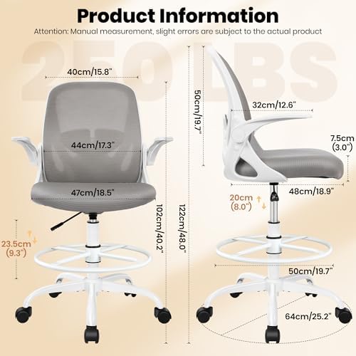 Ergonomic Drafting Chair with Flip-Up Armrests & Adjustable Footrest – Tall Office Chair for Standing Desks, Lumbar Support, Gray – Home & Office Comfort - Image 3