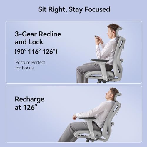 SIHOO M57 Ergonomic Mesh Office Chair, High Back Home Desk Chair with 3D Armrests, Lumbar Support and Adjustable Headrest, Comfortable Computer Chair, Hold 330 LBS-2 Packs-Light Grey - Image 7