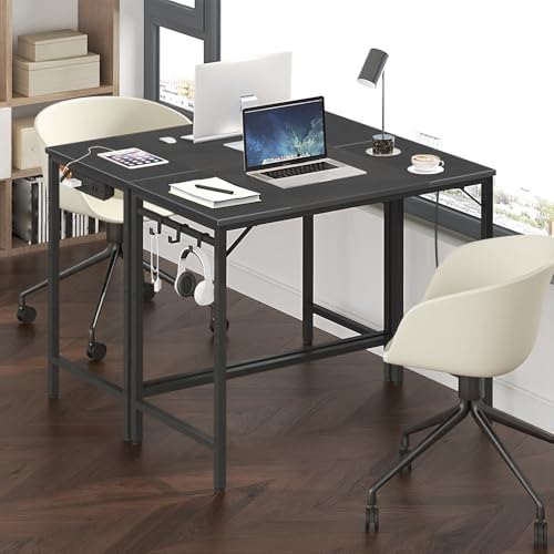 HOOBRO Computer Desk, 31.5 Inch Small Desk with Power Outlet, Writing Table with USB Charging Ports and 3 Hooks for Home Office, Study Room, Bedroom, Easy to Assemble, Rustic Brown and Black BF40UDN01 - Image 4
