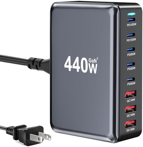 440W USB C Fast Charger Block, Multi-port USB Charging Station, GaN Ⅲ Double 100W PD PPS Port Fast Charging Station for Multiple Devices,Laptop Wall Charger Compatible with MacBook, iPhone 17,iPad etc by LMSEP