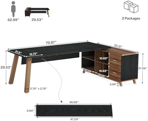 Tribesigns 78.7-Inch Executive Desk, L-Shaped Desk with 55-Inch Cabinet, Large Office Desk with Storage Shelves, Modern Computer Desk for Home Office, Black & Walnut - Image 2