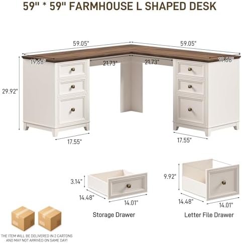 Vabches Farmhouse L Shaped Executive Desk with 6 Drawers, 59’’ Wood Home Office Desk with File Cabinet, Writing Corner Computer Desk for Home Office, Work, Study, White and Brown - Image 7