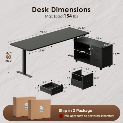 OffiGo 71 Inch L Shaped Electric Standing Desk with Cabinet Sets, Black - Image 2