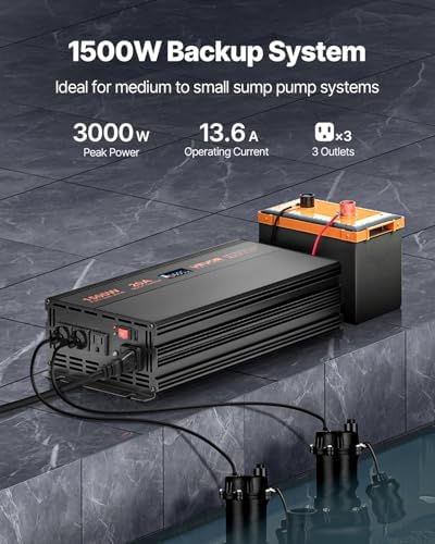 VEVOR Sump Pump Battery Backup System, 1500W, Auto Switches to Battery Inverter for Continuous Sump Pump Operation, Pure Sine Wave, LCD Display, for Basement Protection Emergency and Power Outage - Image 2