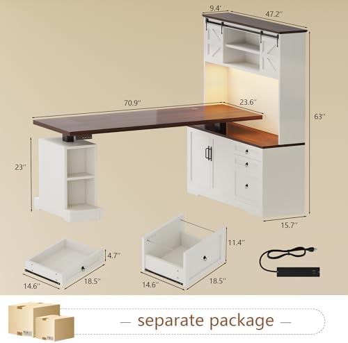 71" LED L Shaped Standing Desk with Hutch and Drawers White - Image 2