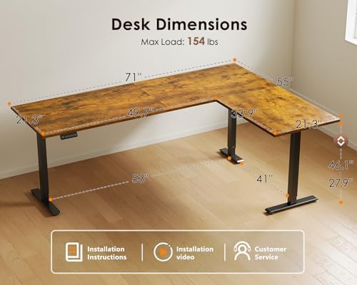 OffiGo 71 Inch Reversible L Shaped Electric Standing Desk, Rustic Brown - Image 3