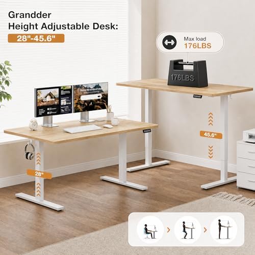 Grandder 47x32 Large Electric Standing Desk, Height Adjustable Computer Desk with 2 Memory Presets, 31.5" Deep Desktop Sit Stand Desk Home Office Desk Workstation Table with Hooks, Oak - Image 5