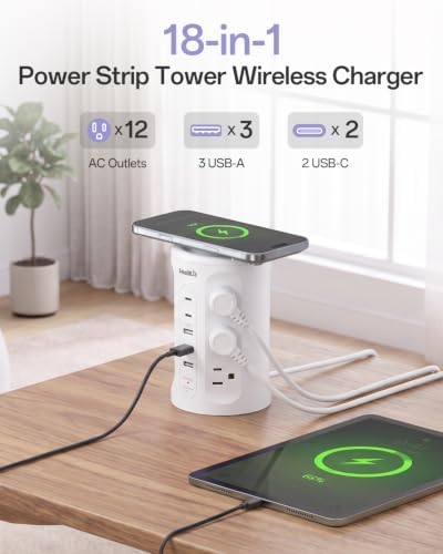 Power Strip with USB Ports,Extension Cord with Multiple Outlets (12AC+3A+2C), 6.5 FT Desk White Power Strip Tower Charging Station for Home, Office, College Dorm Essentials - Image 2