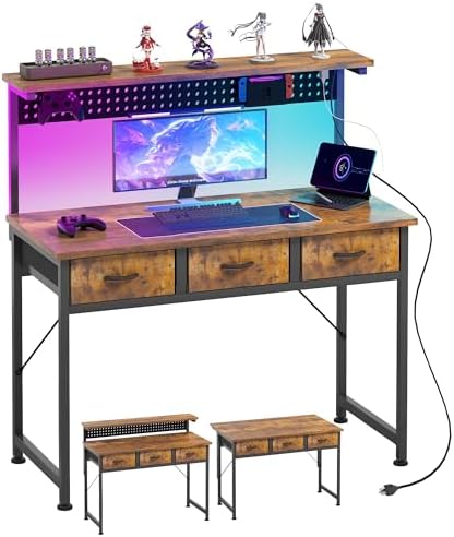 MUTUN Computer Desk with Drawers, 40 Inch Computer Desk with Power Outlet & LED Light, Gaming Desk with Adjustable Monitor Stand & Pegboard, Modern PC Study Writing Table for Bedroom, Rustic Brown by MUTUN