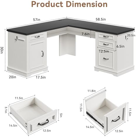 Farmhouse L Shaped Executive Desk with 4 Drawers, Home Office Desk with Hidden Under-Desk Storage Shelf and Charging Station, File Cabinet Storage, Wood Corner Computer Desk for Work(White+Black) - Image 2