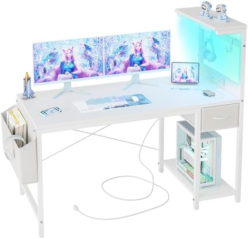 TIQLAB Gaming Desk 47 inch with Power Outlet and LED Light, Computer Desk with Reversible Shelves and Storage Drawer, Small PC Desk for Home Office Table with Bag, Carbon Fiber White by TIQLAB