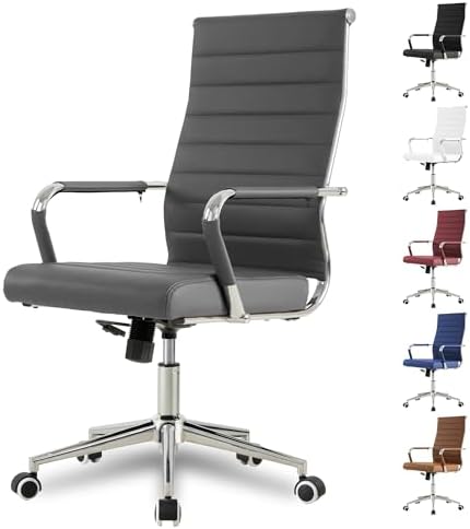 Okeysen Grey Office Desk Chair, Ergonomic Leather Modern Conference Room Chairs, Executive Ribbed Height Adjustable Swivel Rolling Chair for Home Office. by Okeysen