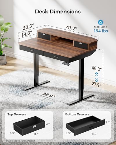 HUANUO 48 x 30 inch Electric Standing Desk with 4 Drawers, Walnut - Image 3