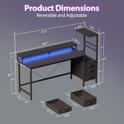 Mericonia 52 inch Gaming Desk with Drawers, Reversible Computer Desk, Black - Image 2