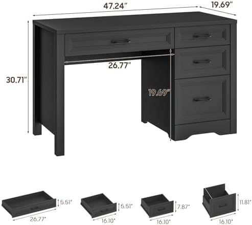 Vabches Farmhouse Executive Desk with Storage and Ample File Drawer, Rustic Large Home Writing Desk for Bedroom, Pure Black - Image 2