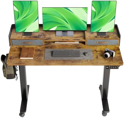 Claiks Standing Desk with Drawers & Wheels, 2 Height Shelf 55" Rustic Brown by CLAIKS