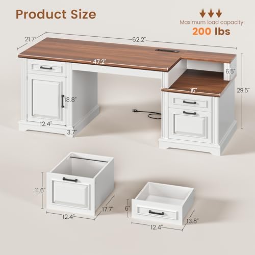 SEDETA Farmhouse Executive Desk, 62'' Home Office Desk with File Drawers, 3Drawer and Storage Cabinet, Computer Desk with Power Outlet for Home Office, Work Study Writing, White + Walnut - Image 2