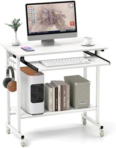 Tangkula Rolling Computer Desk Cart with Keyboard Tray, Mobile Portable Laptop PC Desk with CPU Stand & 3 Hooks for Sofa & Bed, Compact Small Desk on Wheels for Small Spaces (White) by TANGKULA