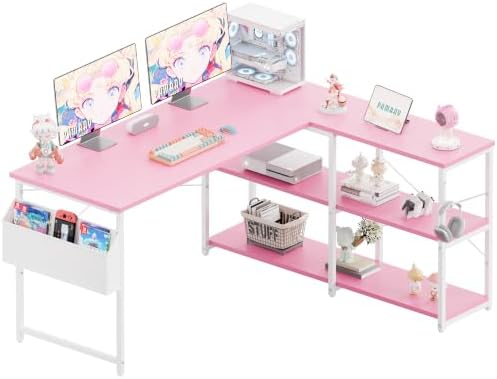 Pamray 57.5 Inch L Shaped Computer Desk with Reversible Side Storage Shelves, Small Corner Desk for Small Space Home Office,Writing Study Table PC Desk for Bedroom,Pink by PAMRAY