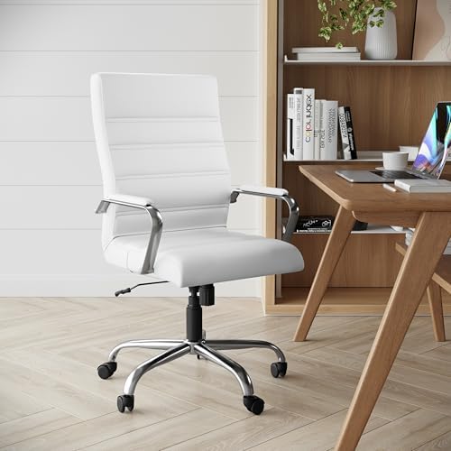 Flash Furniture Whitney High-Back Swivel LeatherSoft Desk Chair with Padded Seat and Armrests, Adjustable Height Padded Office Chair, White/Chrome - Image 2