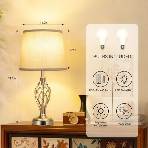 Ruiever Touch Table Lamps Set of 2, nightstand lamp with USB Ports Bedside 3 Way Touch dimmer Desk lamp for Living Room Bedroom,Nickel Spiral Cage Grey Shade, Warm White dimmer Bulbs Included. - Image 2