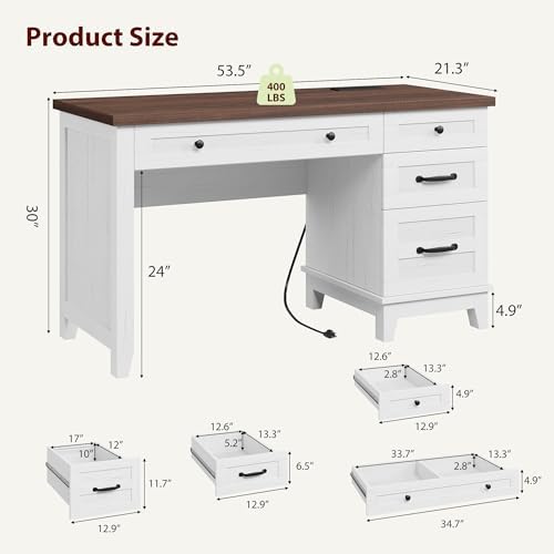 53.5" Executive Desk with Power Outlet, Home Office Desk with Drawers, Wooden Work Desk with File Cabinet, Computer Desk for Work, Study, Writing, White and Brown - Image 2