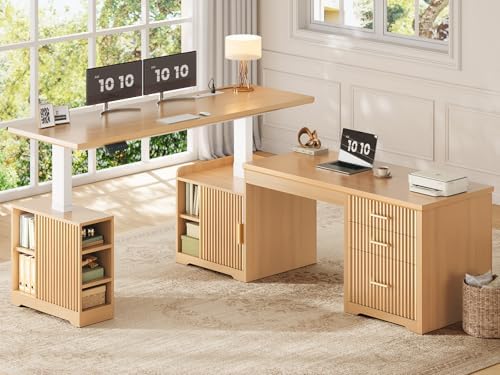 SEDETA Fluted L Shaped Electric Standing Desk, 63" x 67" Height Adjustable Home Office Executive Desk with Drawers and Shelves, Two Person Desk with Power Outlet for Home Office, Oak by SEDETA