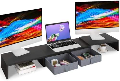 TEAMIX Wood Dual Monitor Stand Riser with Drawers-Length and Angle Adjustable Triple Monitor Stand with Storage Large Computer Riser for 2/3 Monitors/Laptops/PC/Printers by TEAMIX