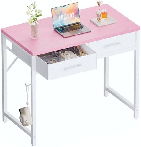 Pamray 32 Inch Small Computer Desk with 2 Drawers for Bedroom Study Writing Home Office Table for Small Spaces Pink by PAMRAY