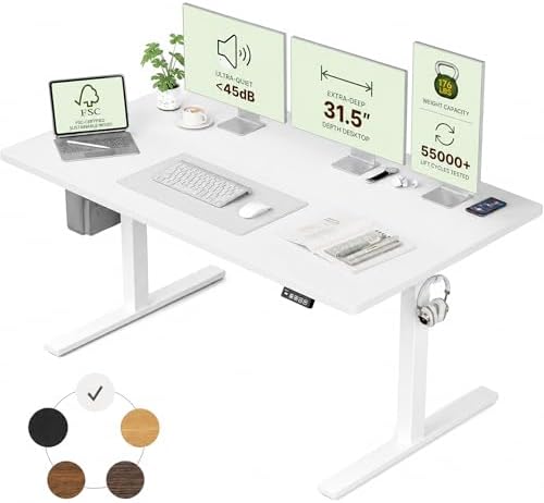 Grandder 55x32 Large Electric Standing Desk, Height Adjustable Computer Desk with 2 Memory Presets, 31.5" Deep Desktop Sit Stand Desk Home Office Desk Workstation Table with Hooks, White by Grandder