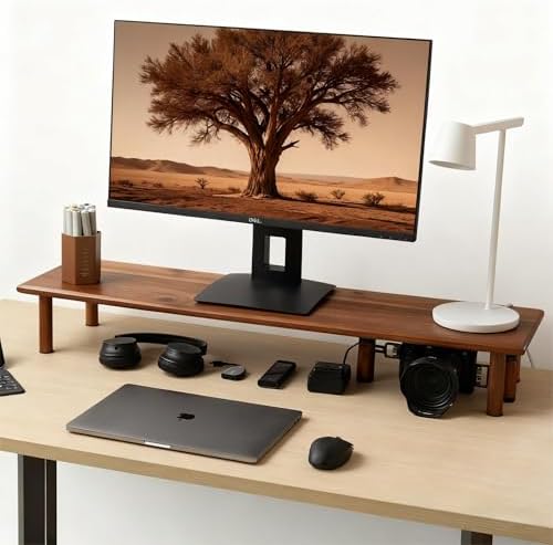 Dual Monitor Stand Riser, Acacia Wood Desktop Shelf with Storage by Rocdeer
