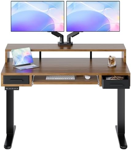 HUANUO 48″ x 26″ Electric Standing Desk with 2 Drawers &24.4″ Large Keyboard Tray, C-Clamp Mount Compatible, Adjustable Computer Desk for Office, Sit Stand Up Desk with 4 Height Presets, Deep Walnut by HUANUO