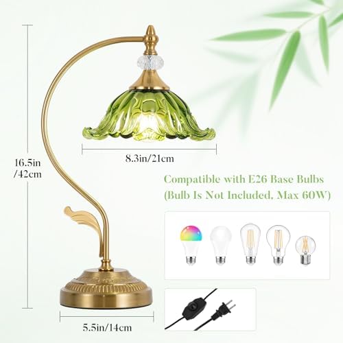 Vintage Floral Table Lamp, Plug in Mid-Century Modern Desk Lamp with Green Glass Shade, Gold Bedside Table Lamp Dimmable for Bedroom Living Room Home Office, E26 Base, UL Listed - Image 3