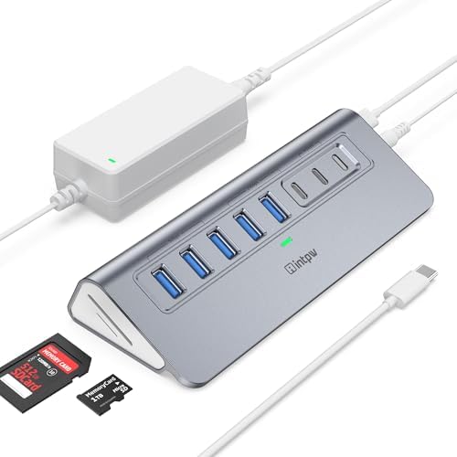 Powered USB Hub 10Gbps, intpw YH6AC Plus 10-Port USB 3.2 Hub(USB A+USB C 3.2+3 USB-A 3.0+2 PD 45W Fast Charging Ports+SD/TF Card Reader), 65W Power Adapter,Aluminum USB HUB for PC,Laptop,iPhone 17/16 by intpw