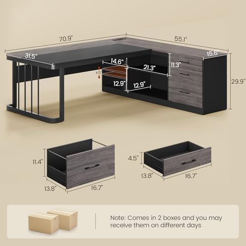 UPOSOJA 71" Executive Desk, Large Office Desk with Drawers & Storage Shelves, Modern L Shaped Computer Desk Corner Desk with Power Outlets, File Cabinet, Business Furniture Desk Workstation (Grey) - Image 2